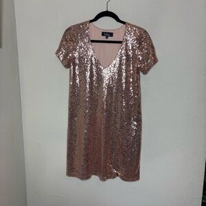 Lulu's Rose Gold Sequin V-Neck Short Sleeve Dress Size XS